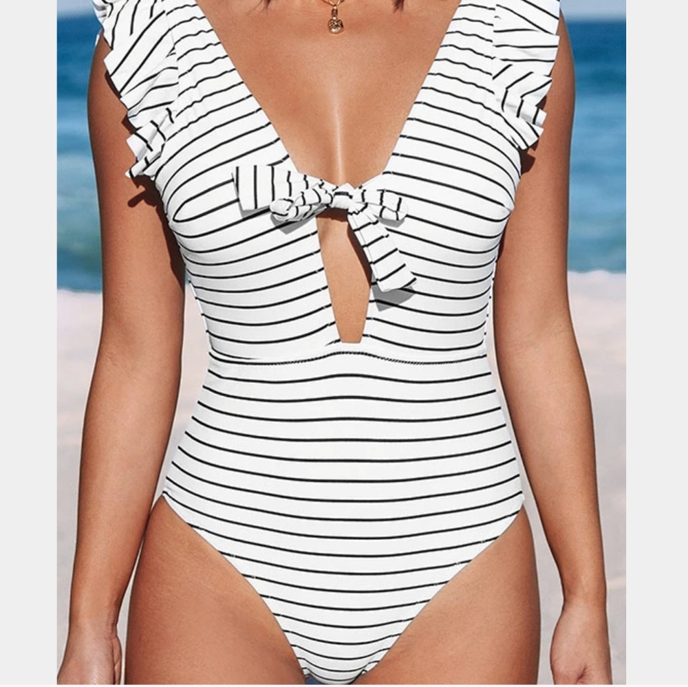 Cupshe Black and White Stripe Ruffle Swimsuit